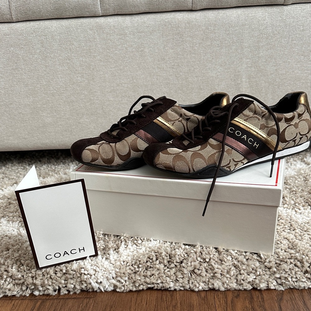 Coach Brown and Gold Patterned Sneakers. New - Picture 2 of 7